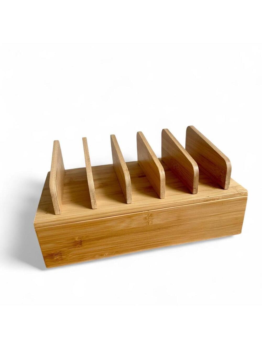 Bamboo Charging Station Organizer 6 Slot Phone Tablet Cable Management Box